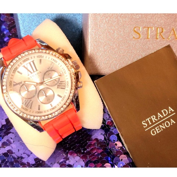 STRADA GENOA Women's Rhinestone Accent Watch RED Silicone Strap Chronograph - Picture 8 of 8